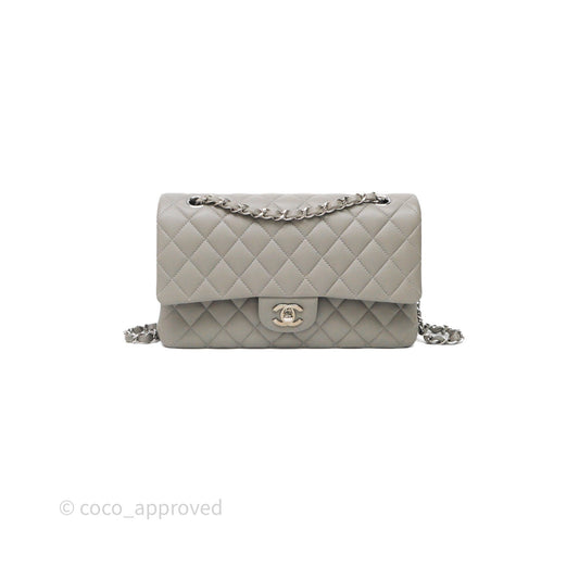Chanel Classic M/L Medium Flap Quilted Grey Lambskin Silver Hardware