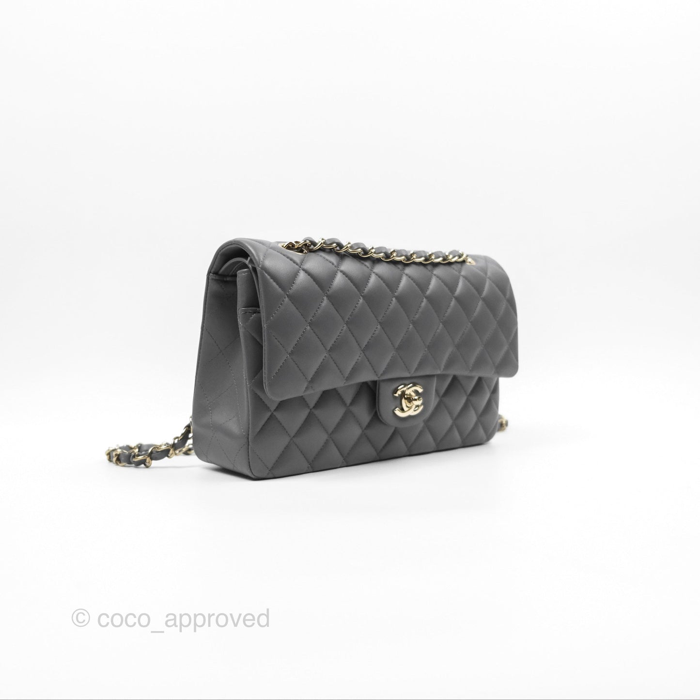 Chanel Classic M/L Medium Flap Quilted Grey Lambskin Gold Hardware