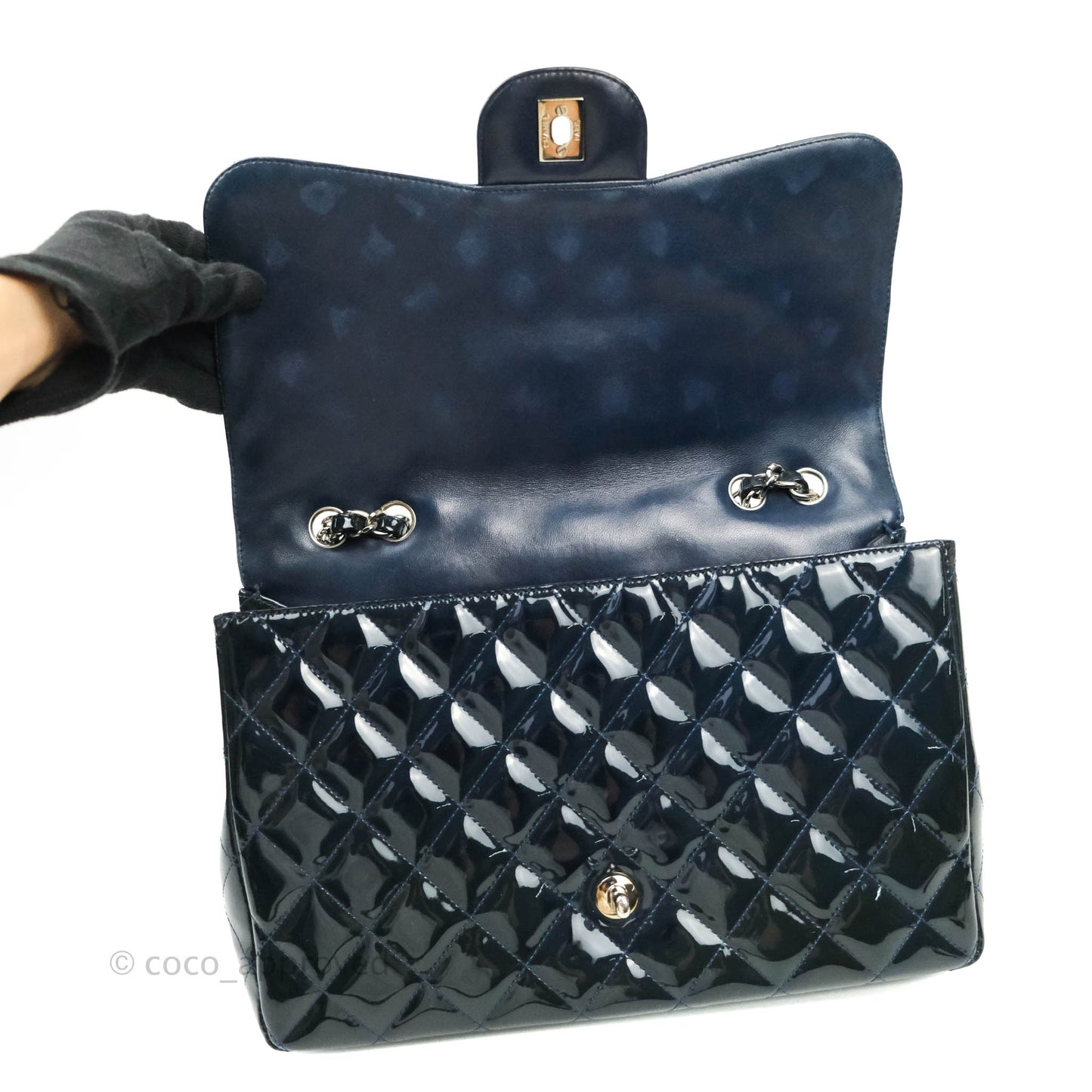 Chanel Jumbo Single Flap Teal Blue Patent Silver Hardware