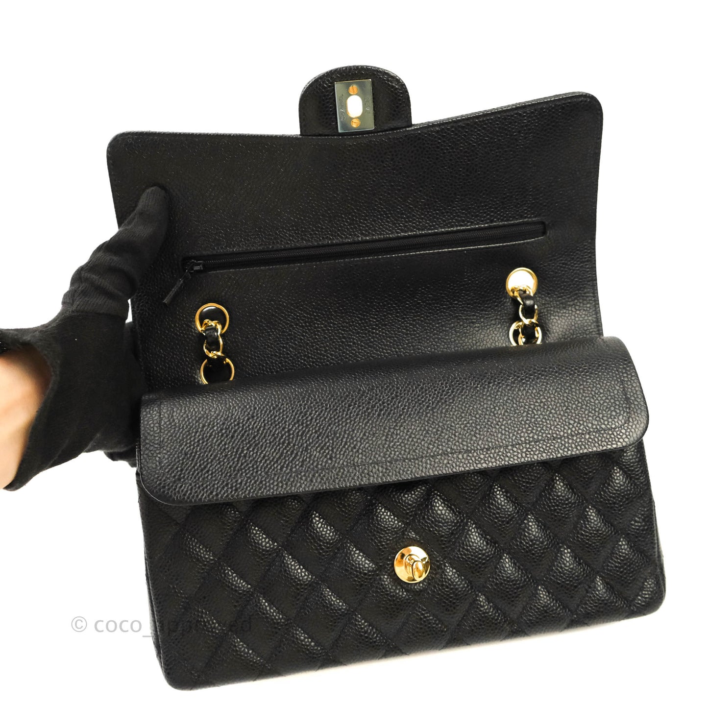 Chanel Quilted M/L Medium Double Flap Black Caviar Gold Hardware