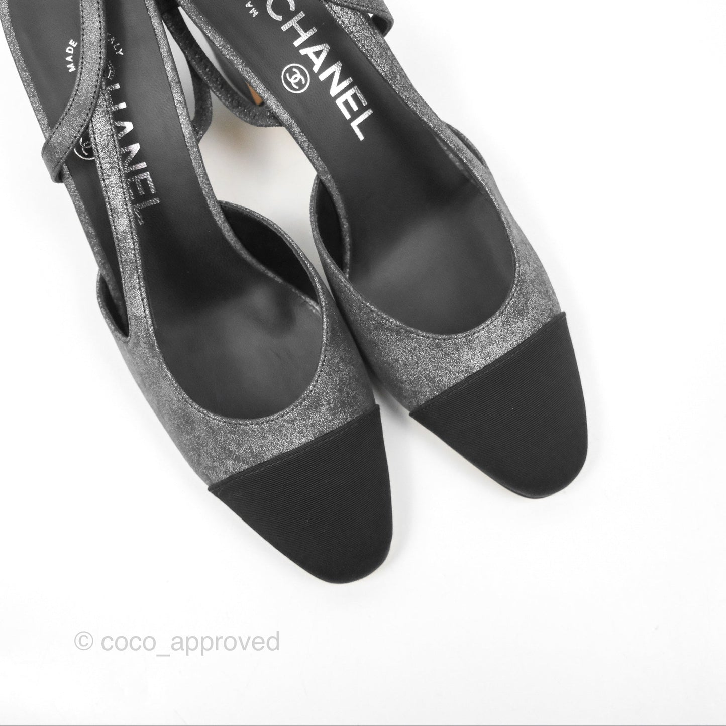 Chanel Classic Slingback Pumps Metallic Lambskin Silver Black