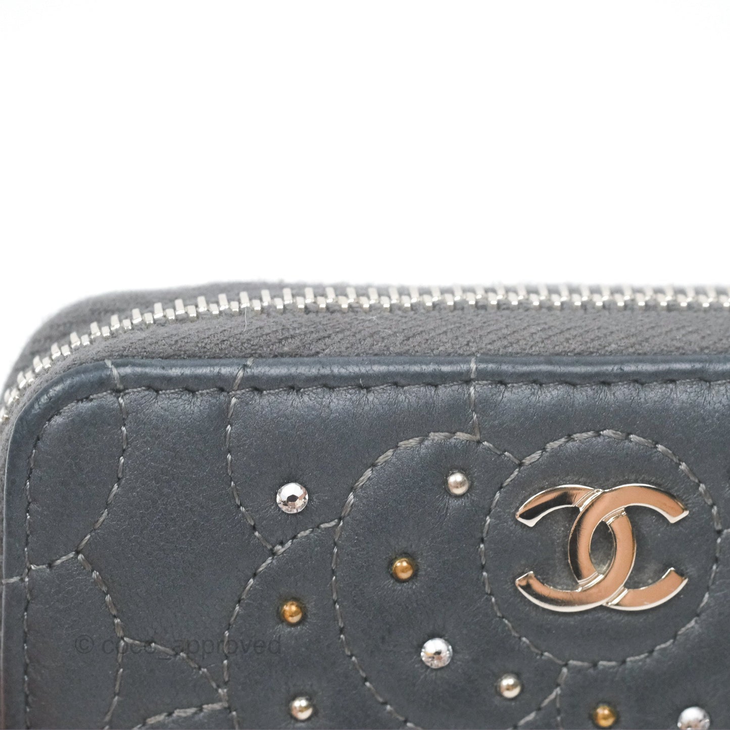 Chanel Camellia Crystal Studded Zipped Coin Purse Grey Silver Hardware