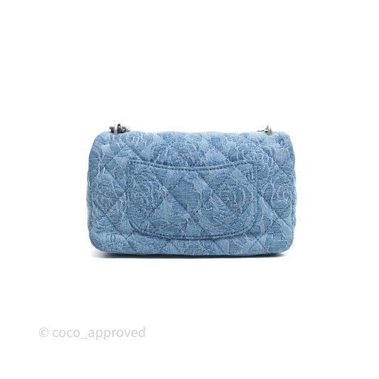 Chanel Quilted Camellia Printed Heart Crush Mini Flap Bag Blue Denim Aged Silver Hardware