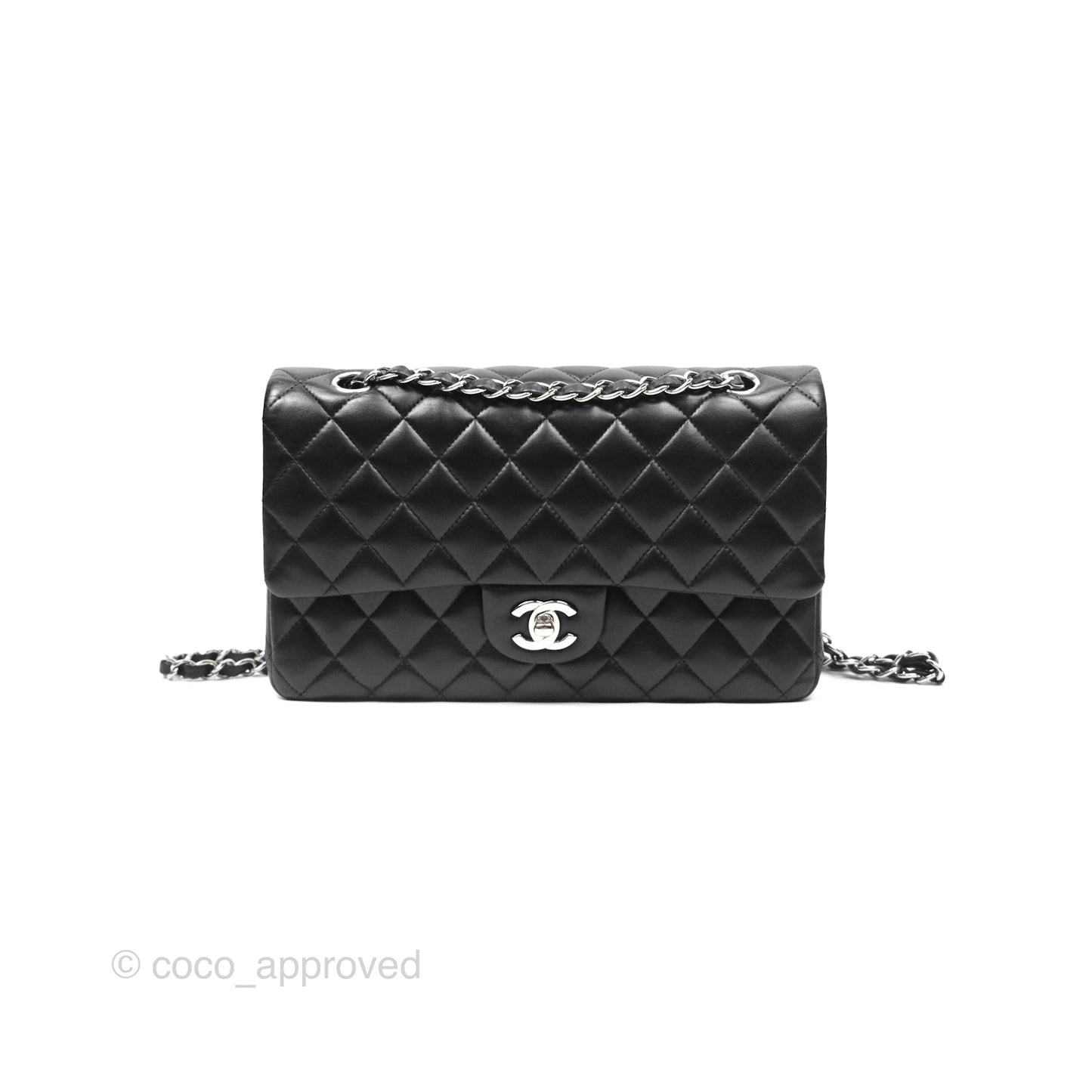 Chanel Classic M/L Medium Flap Quilted Black Lambskin Silver Hardware