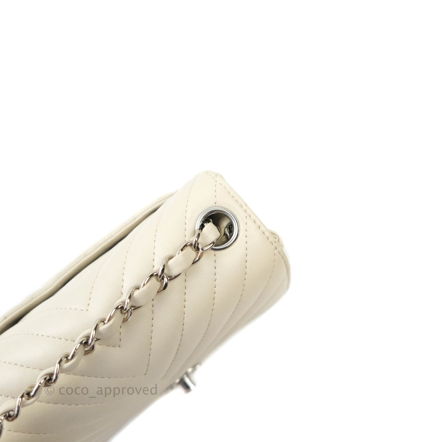 Chanel Mini Square Chevron Ivory Cream Lambskin Silver Hardware