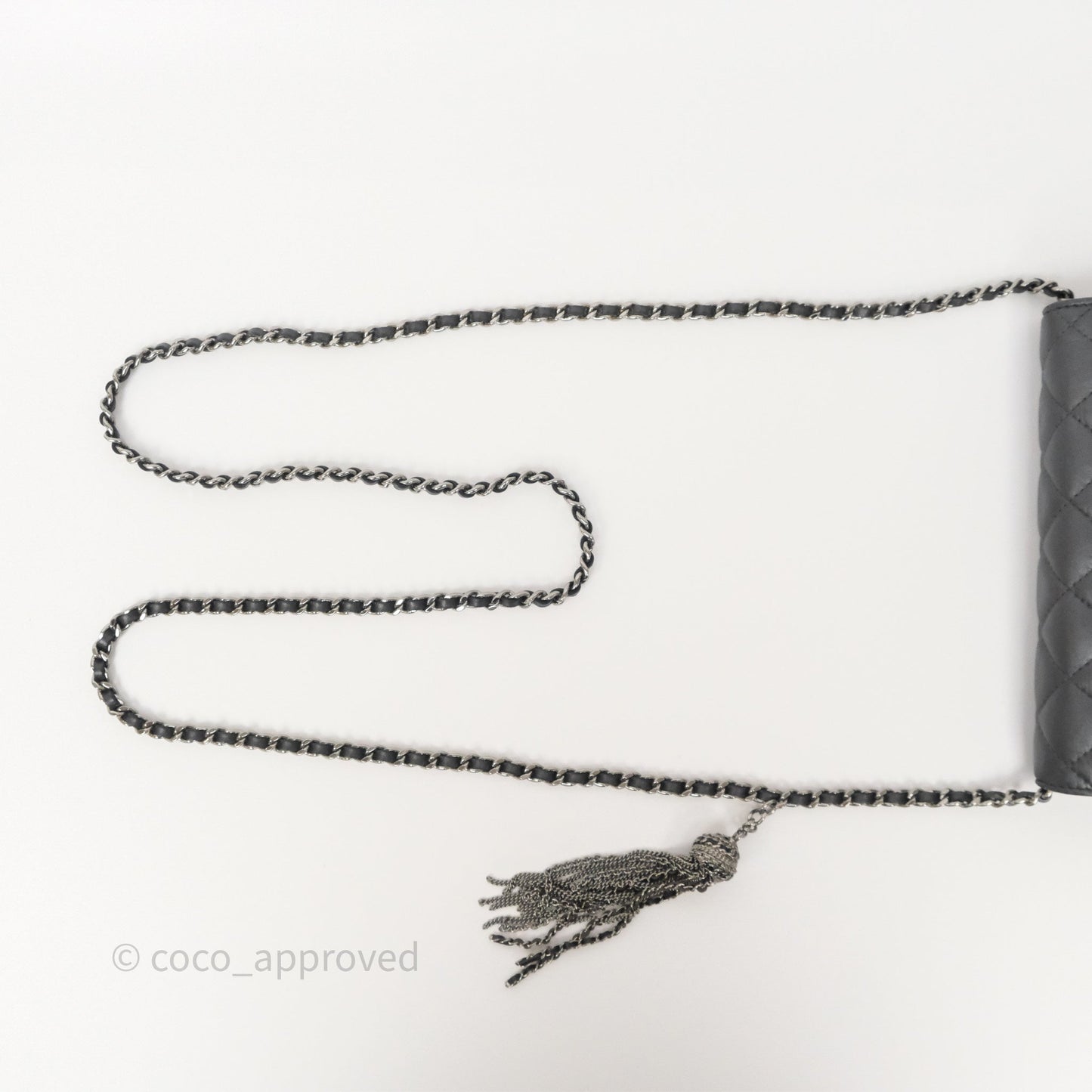 Chanel Tassel Charm Wallet On Chain WOC Iridescent Dark Silver Aged Calfskin