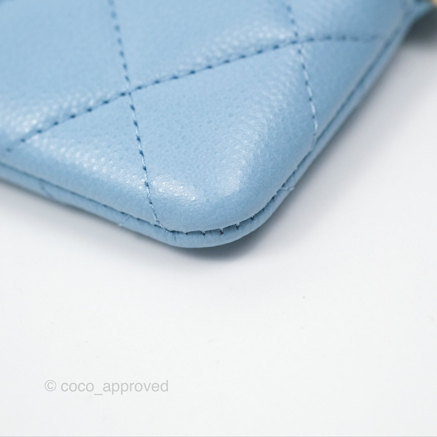Chanel Quilted Crystal CC Zip Card Holder Wallet Light Blue Caviar Gold Hardware