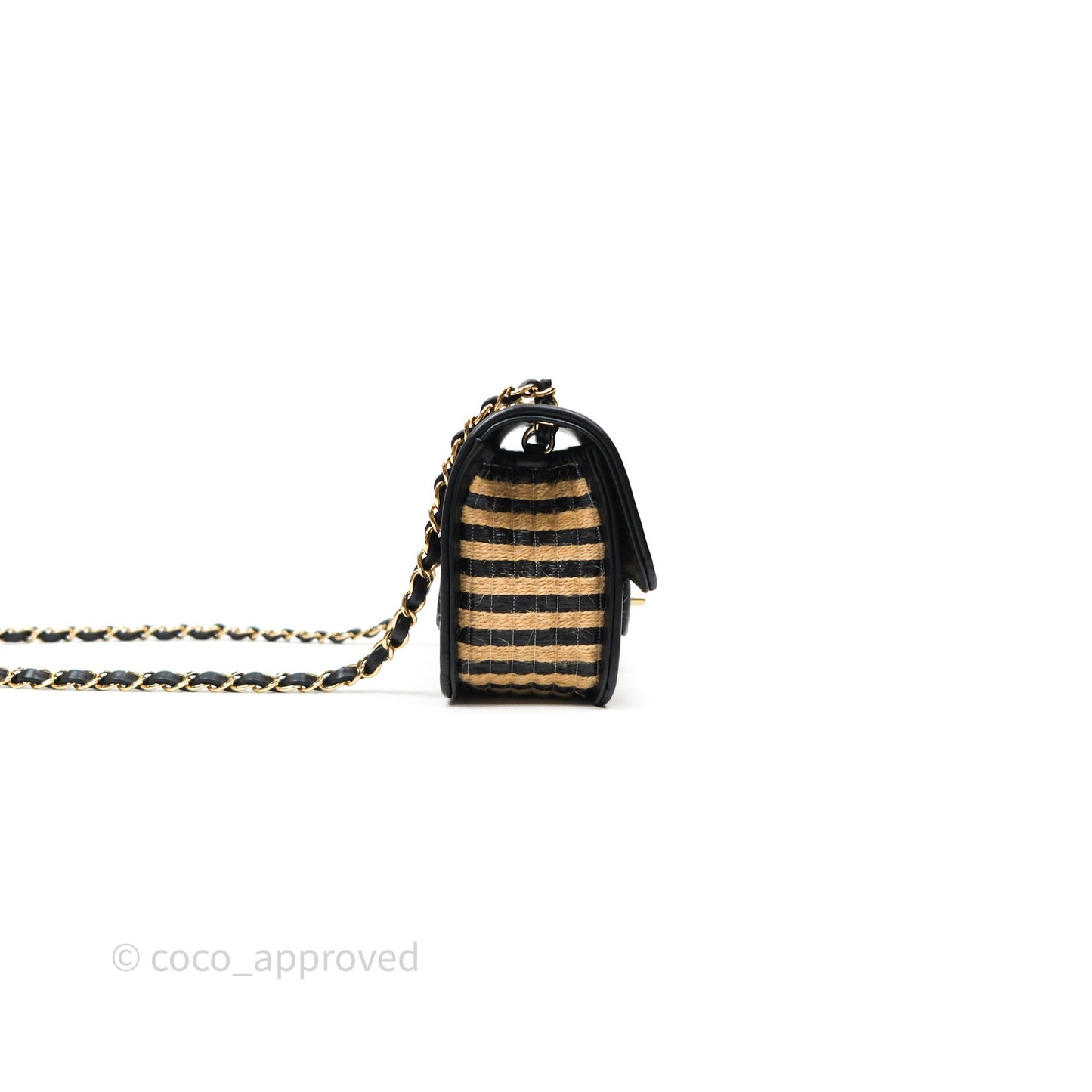 Chanel Quilted Mini Rectangular Flap Raffia Jute Thread Black & Beige Gold Hardware