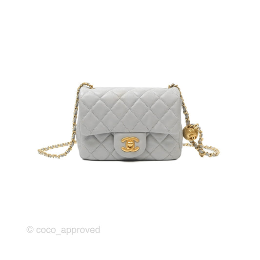 Chanel Pearl Crush Mini Square Quilted Light Grey Lambskin Aged Gold Hardware