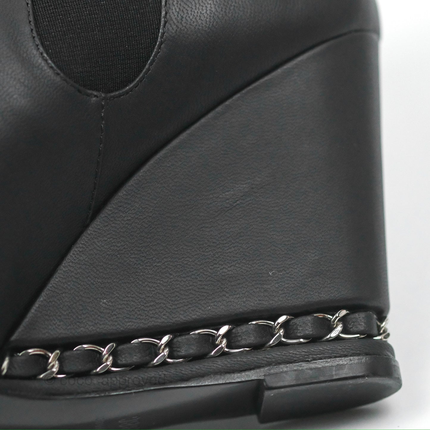 Chanel CC Pointy Toe Chain Wedge Ankle Boots Black