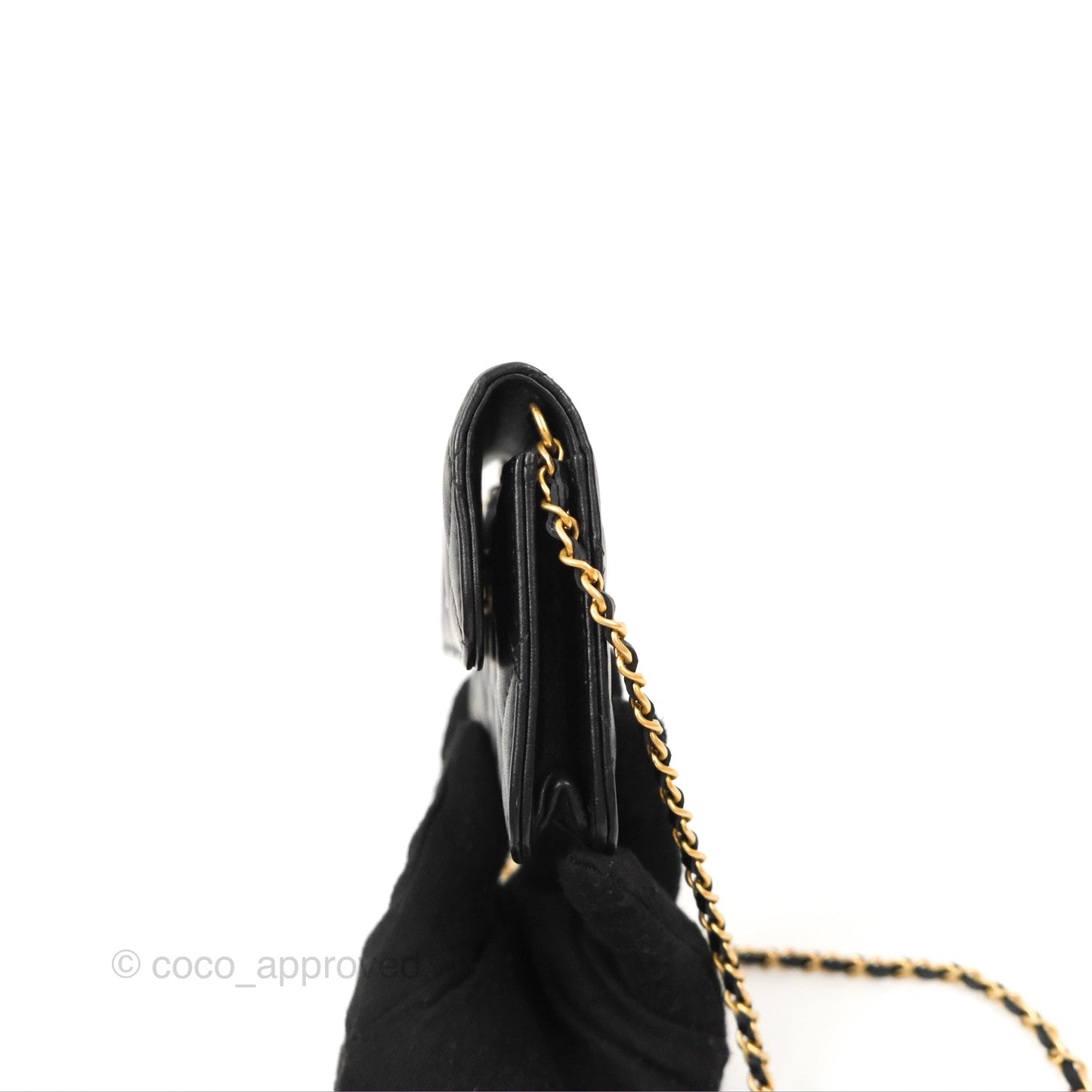 Chanel Pearl Crush Mini Clutch With Chain Black Lambskin Aged Gold Hardware
