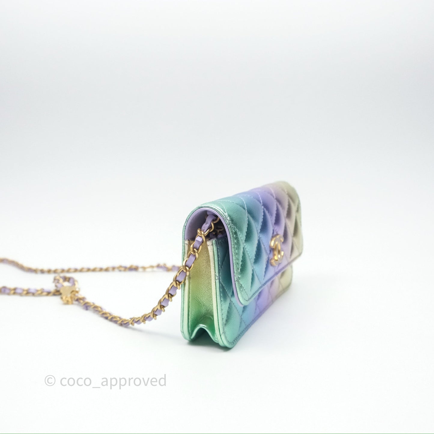 Chanel Quilted Phone Holder with Chain Metallic Rainbow Lambskin Aged Gold Hardware 24C