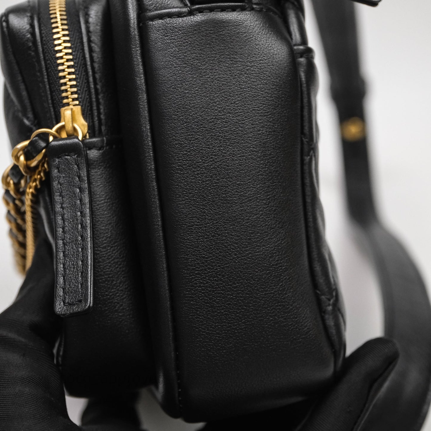 Chanel Small Camera Case Quilted Black Calfskin Aged Gold Hardware 22C