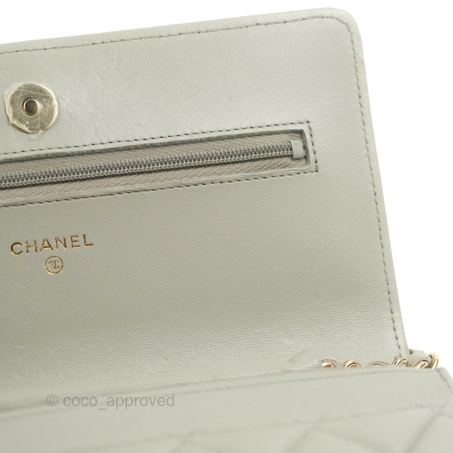 Chanel Quilted Classic Wallet on Chain WOC Light Grey Lambskin Gold Hardware