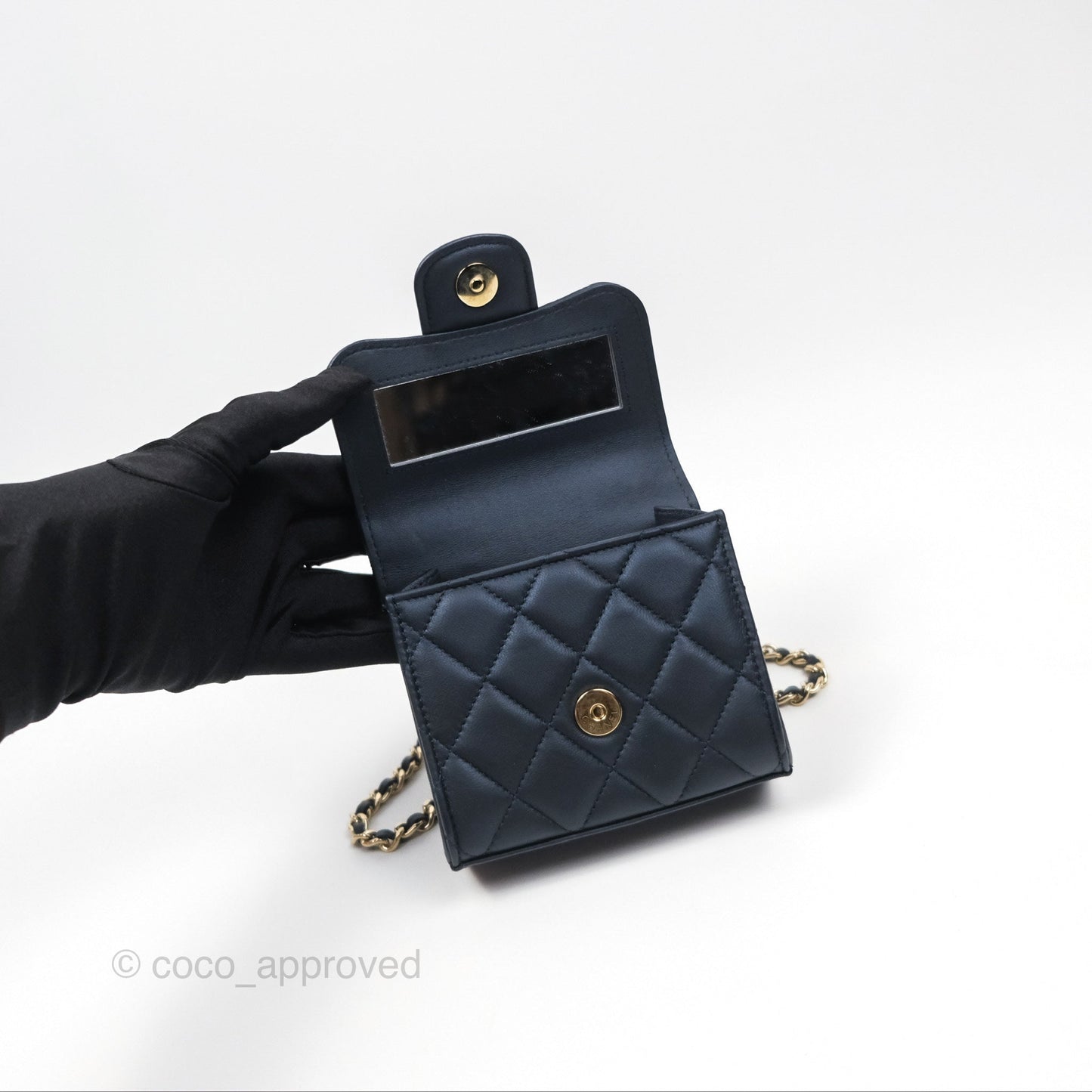Chanel Mini Handle Clutch With Chain Iridescent Dark Navy Lambskin Gold Hardware
