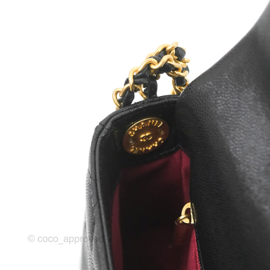 Chanel Small Flap with Coin Charm Black Caviar Aged Gold Hardware 22A