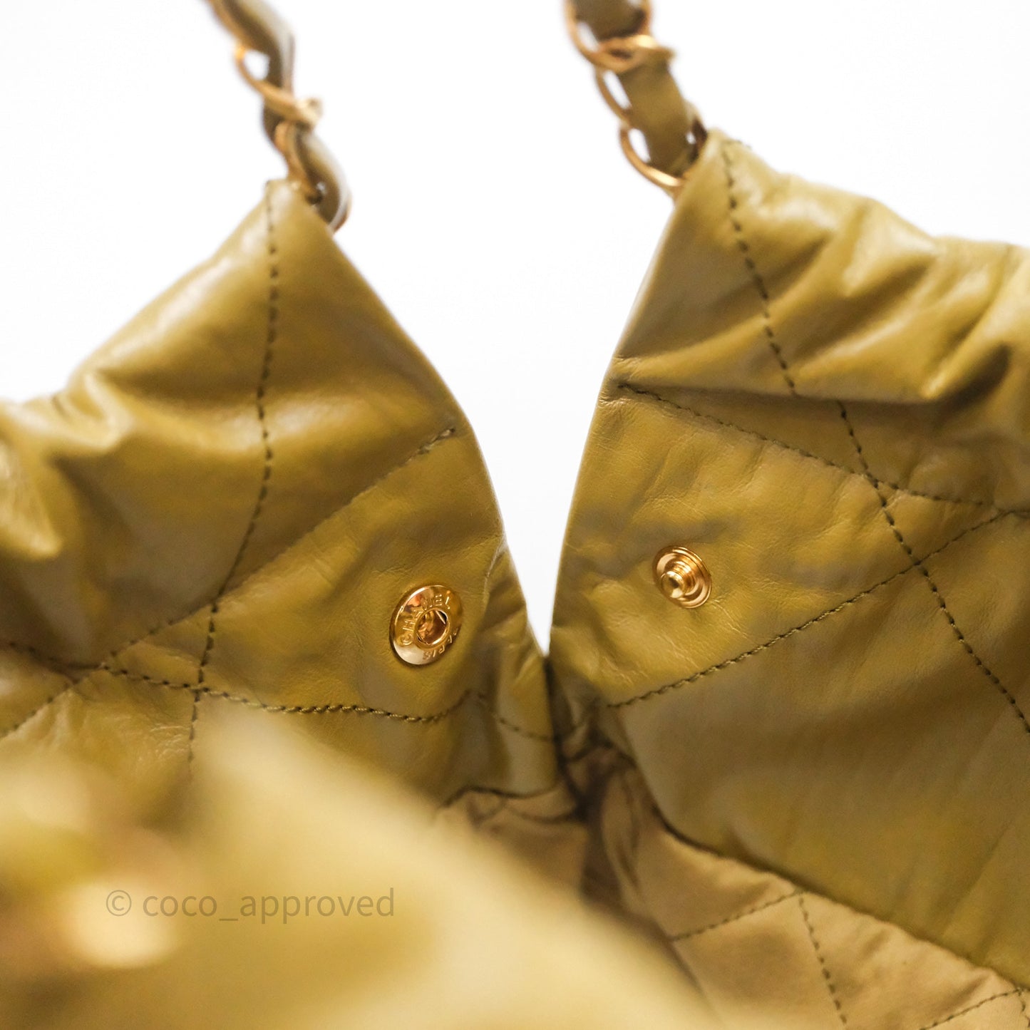 Chanel 22 Bag Medium Crumpled Olive Green Calfskin Aged Gold Hardware