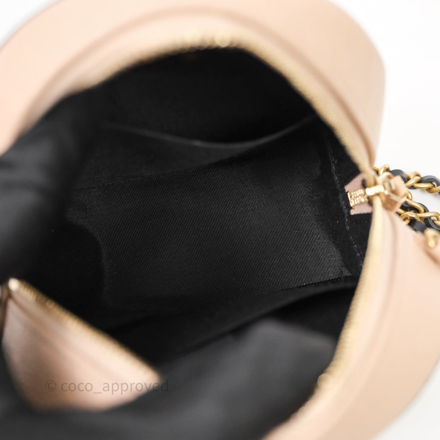 Chanel Quilted Round Filigree Clutch With Chain Beige/ Black Caviar Aged Gold Hardware