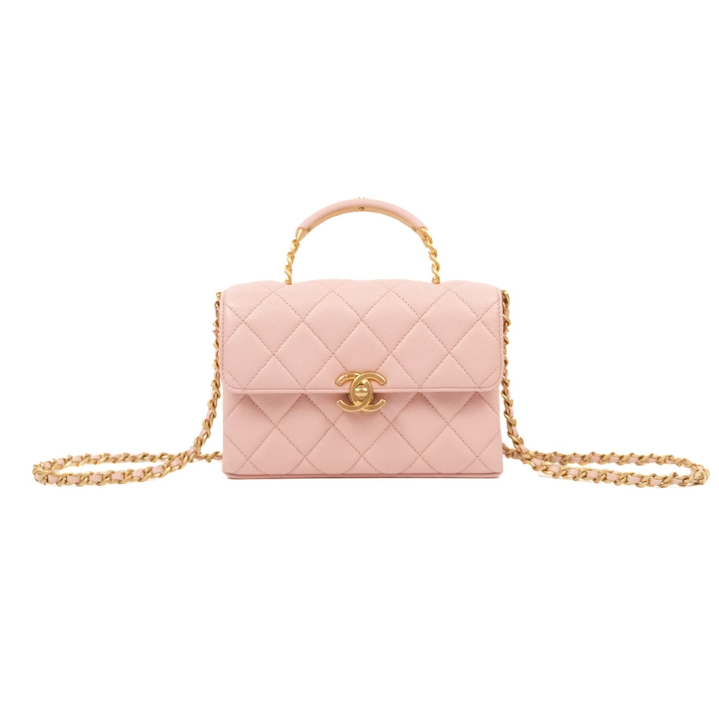 Chanel Carry Me Top Handle Flap Bag Pink Caviar Aged Gold Hardware 23S