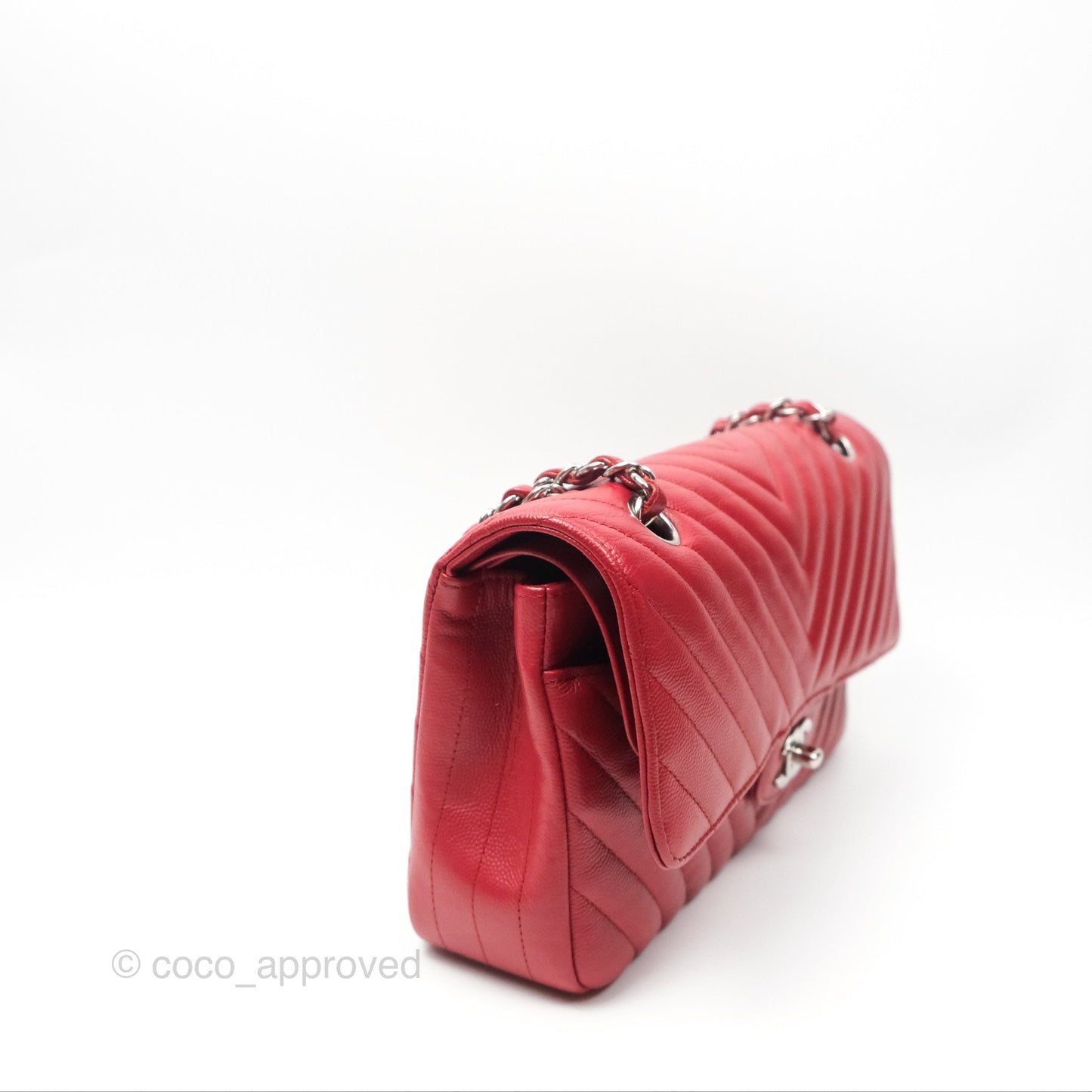 Chanel Medium Classic Flap Chevron Red Caviar Silver Hardware