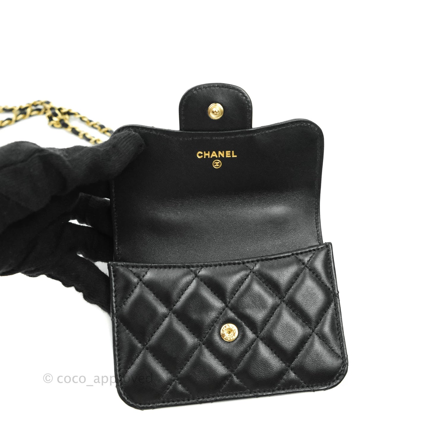 Chanel Mini Handle Flap Coin Purse With Chain Black Lambskin Gold Hardware