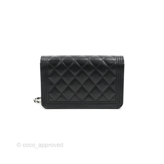 Chanel Quilted Boy Wallet on Chain WOC Black Lambskin Silver Hardware