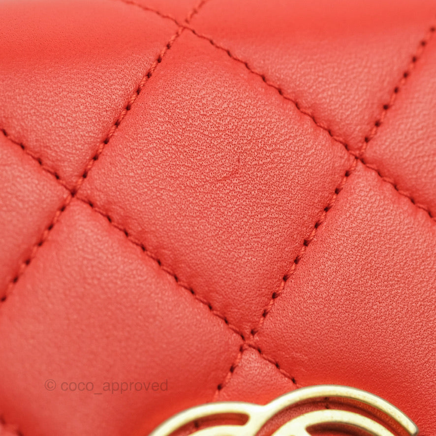 Chanel Top Handle Flap Bag Red Lambskin Aged Gold Hardware