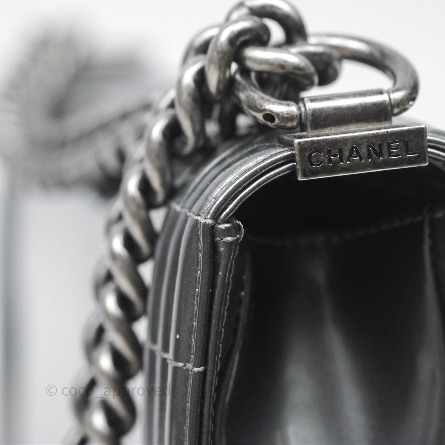 Chanel Medium Boy Metallic Dark Grey Iridescent Glazed Calfskin Ruthenium Hardware