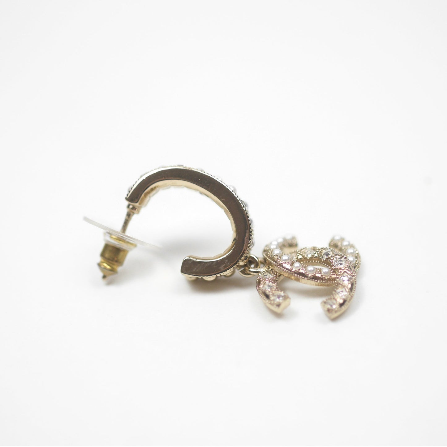 Chanel Crystal Pearl CC Hoop Earrings Gold Tone 21K
