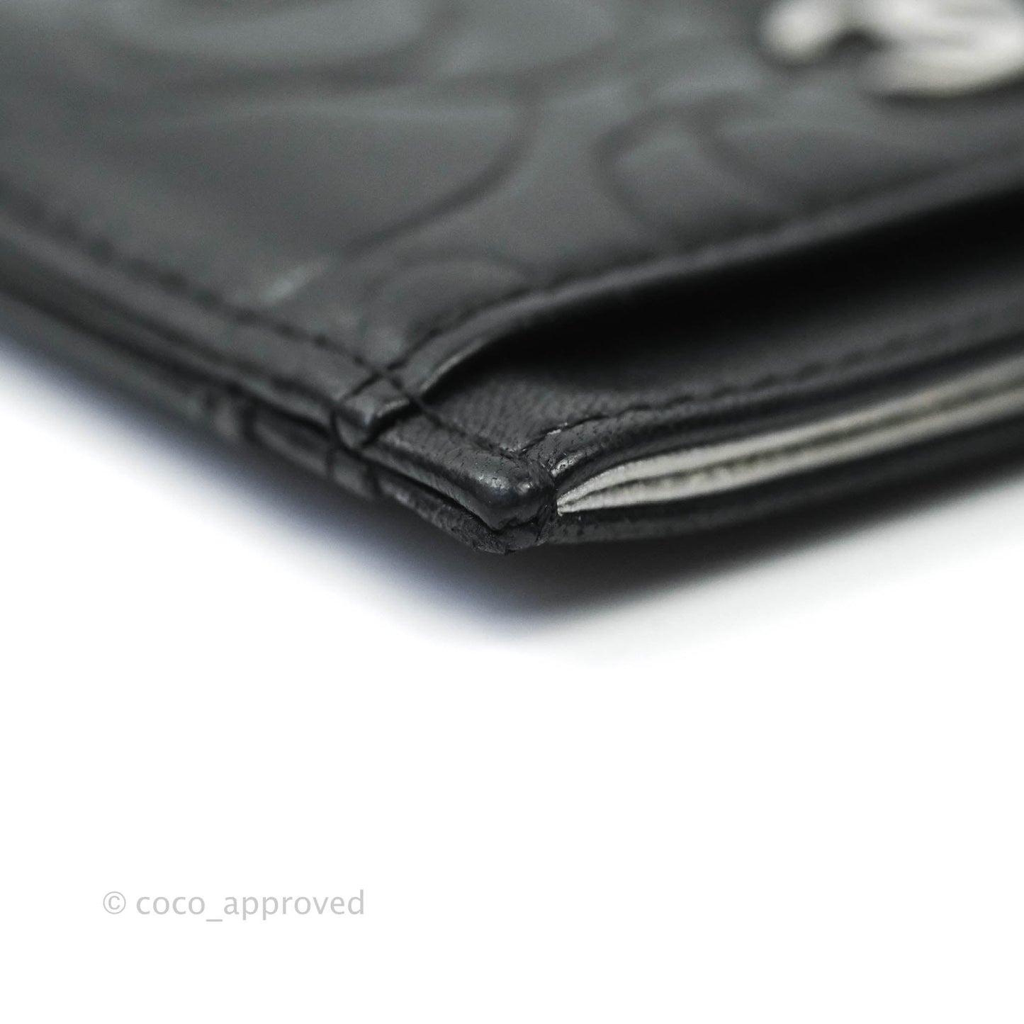 Chanel Classic Camellia Embossed Lambskin Card Holder Silver Hardware