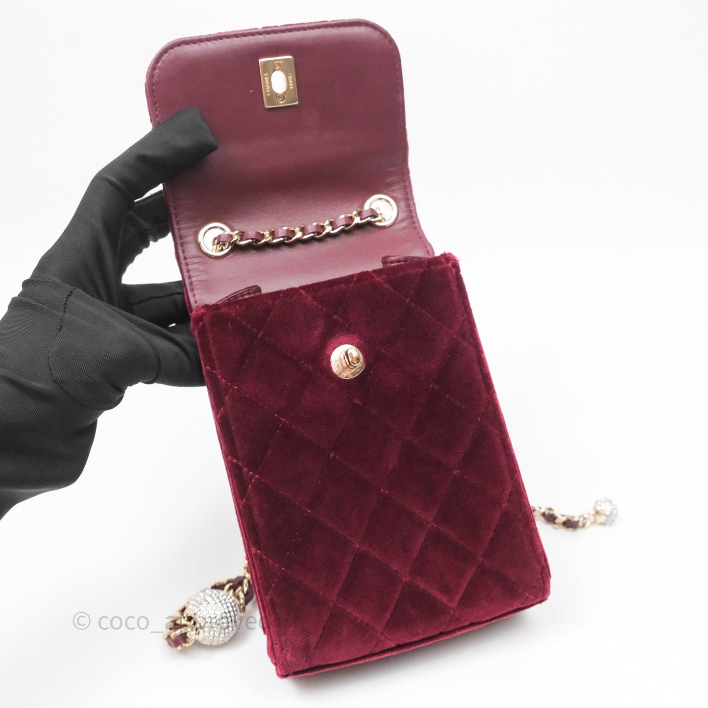 Chanel Quilted Phone Holder Crystals Pearl Crush Red Velvet Gold Hardware