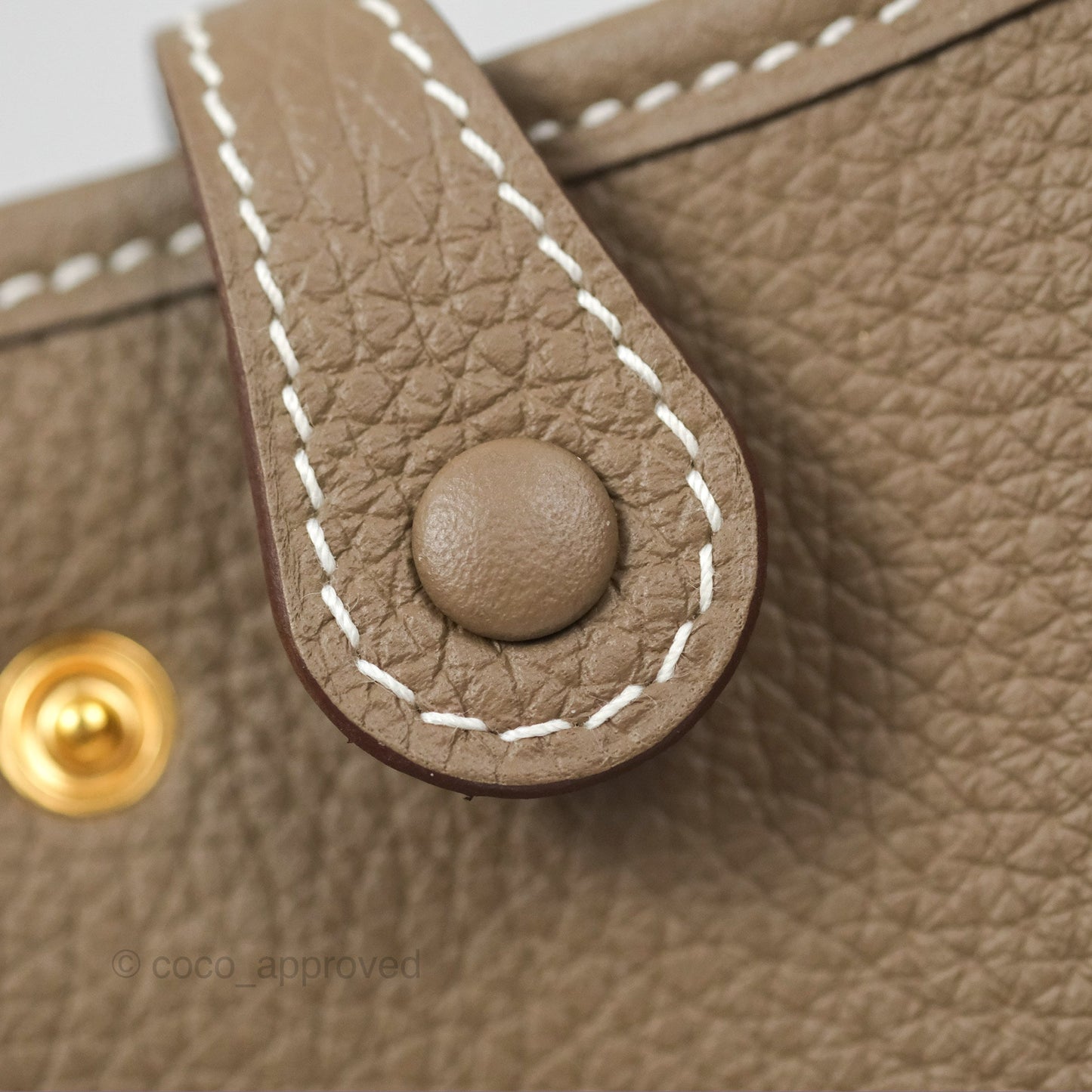 Hermès Mini Evelyne Etoupe Clemence Gold Hardware with Bleu Indigo Strap