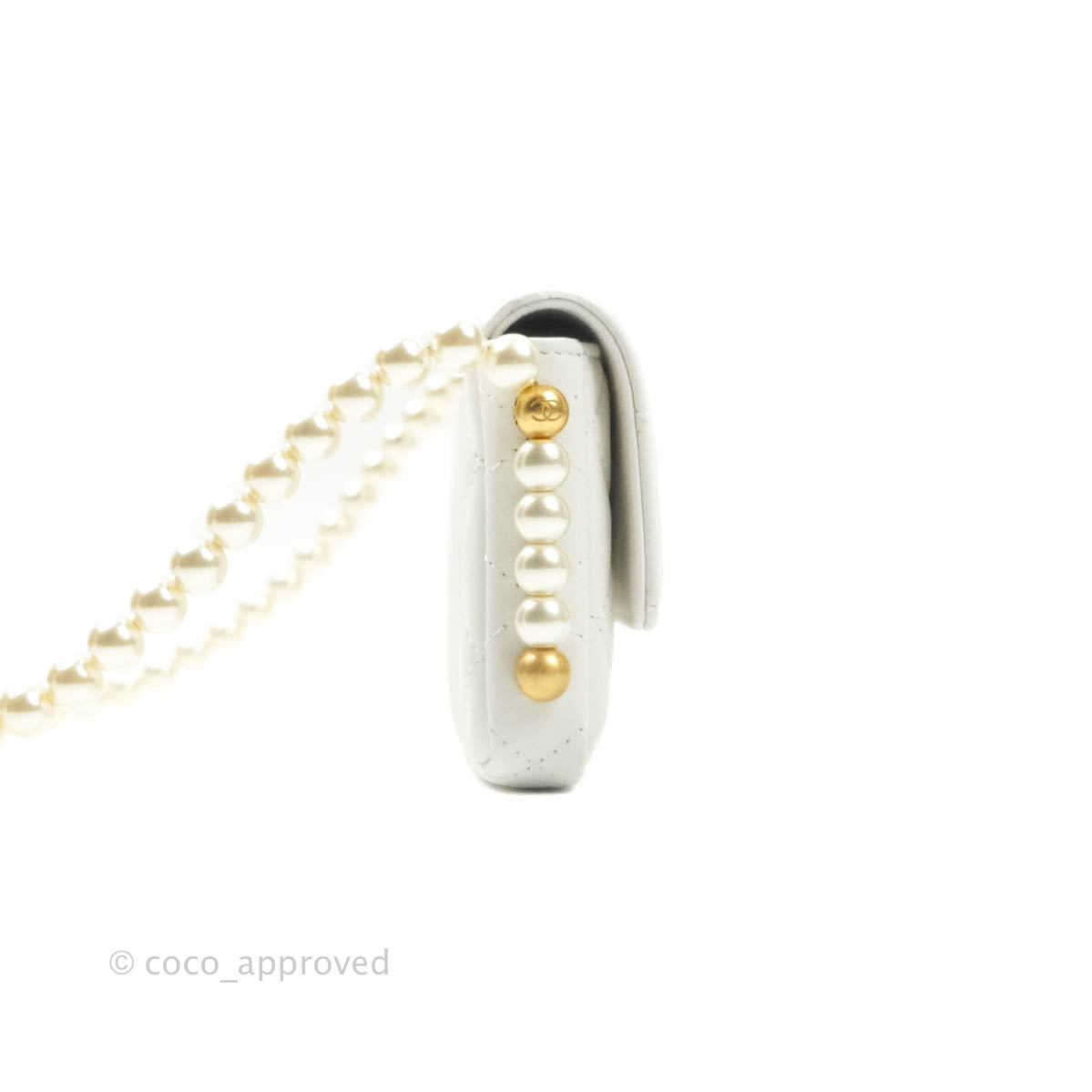 Chanel Flap Card Holder With Pearl Chain White Calfskin Aged Gold Hardware