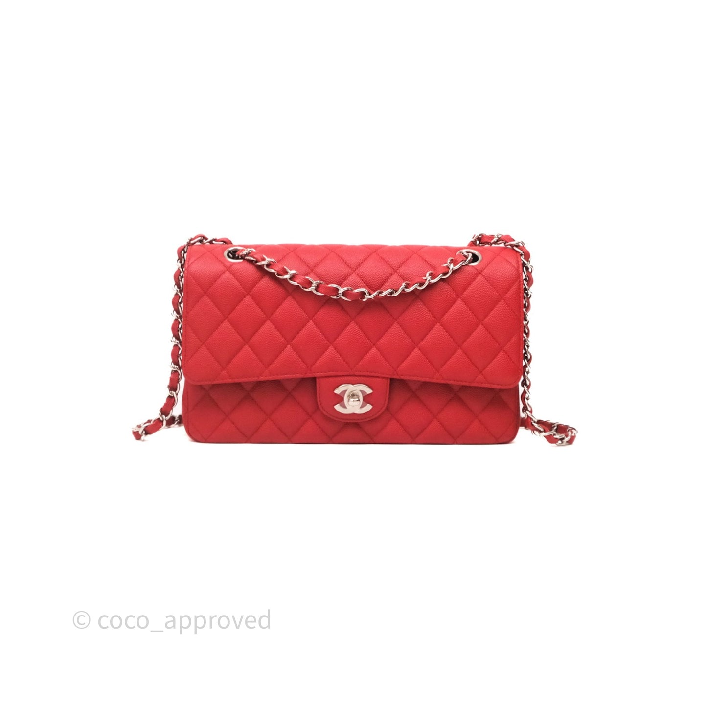 Chanel Classic M/L Medium Flap Quilted Red Caviar Silver Hardware