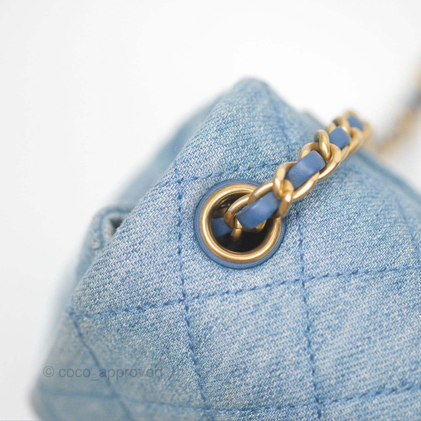 Chanel Mini Square Pearl Crush Quilted Denim Aged Gold Hardware