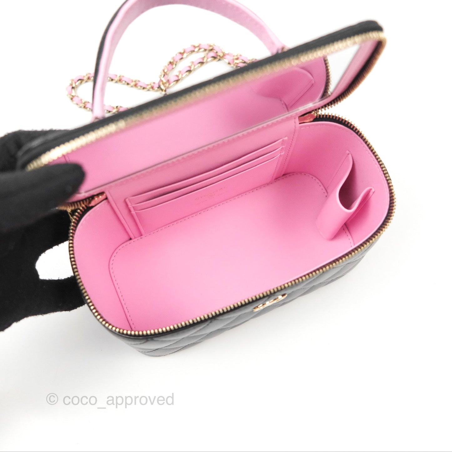 Chanel Vanity Rectangular Top Handle Black Pink Lambskin Gold Hardware