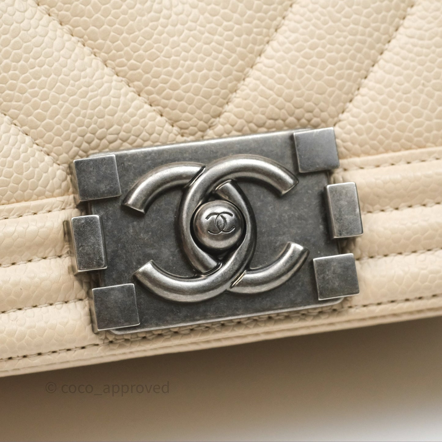 Chanel Small Boy Chevron Beige Caviar Ruthenium Hardware