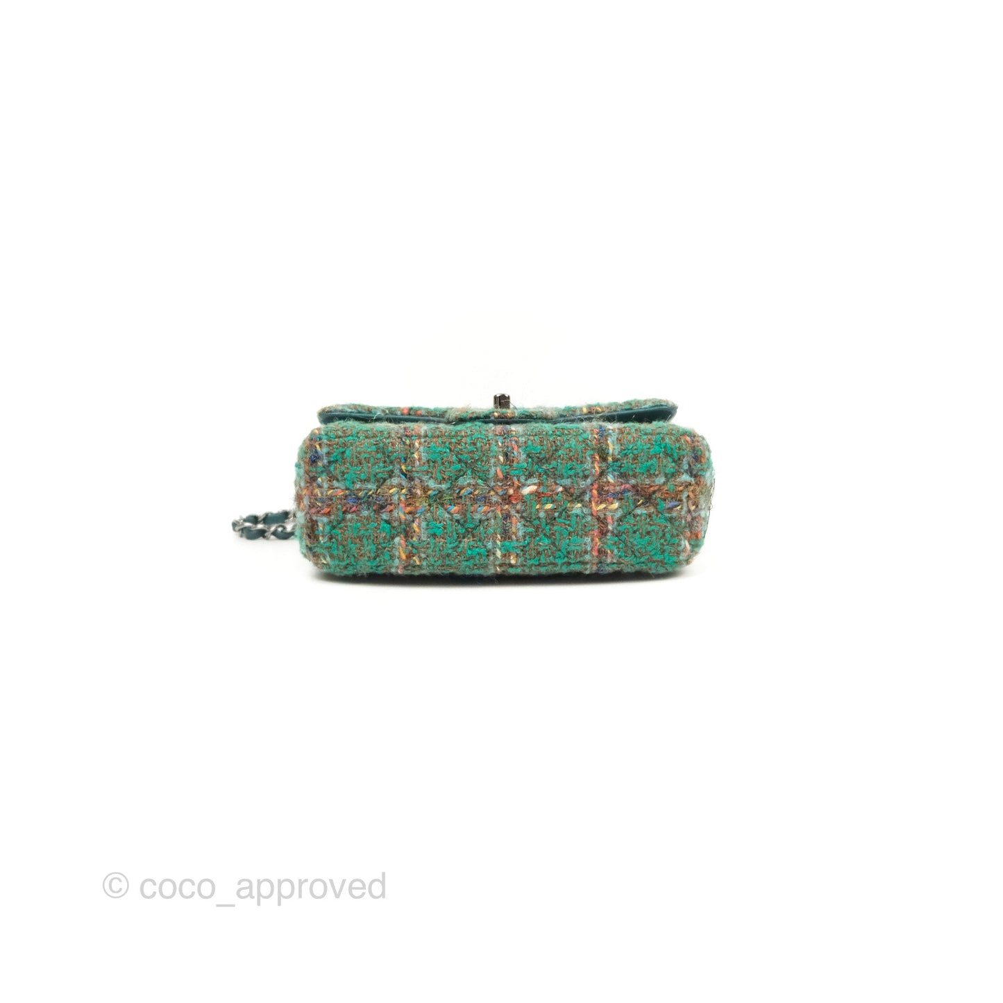 Chanel Mini Rectangular Flap Quilted Green Tweed Gun Metal 23A