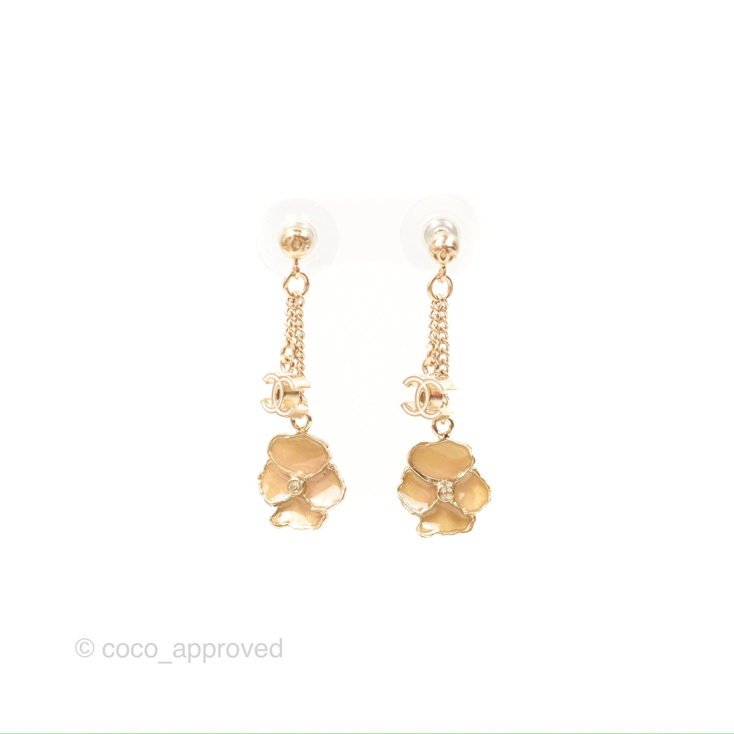 Chanel CC Flower Drop Earrings Gold Tone 13C