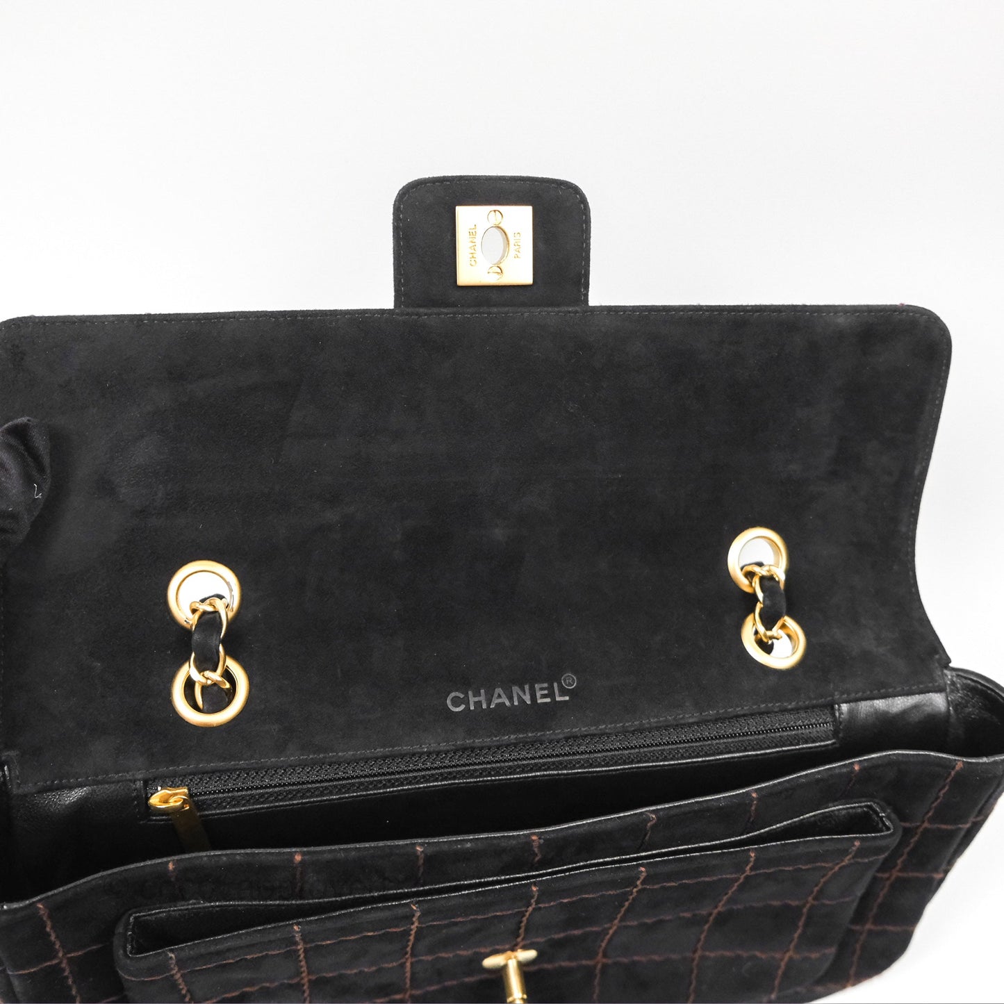 Chanel Bar Flap Black Suede Blushed Gold Hardware