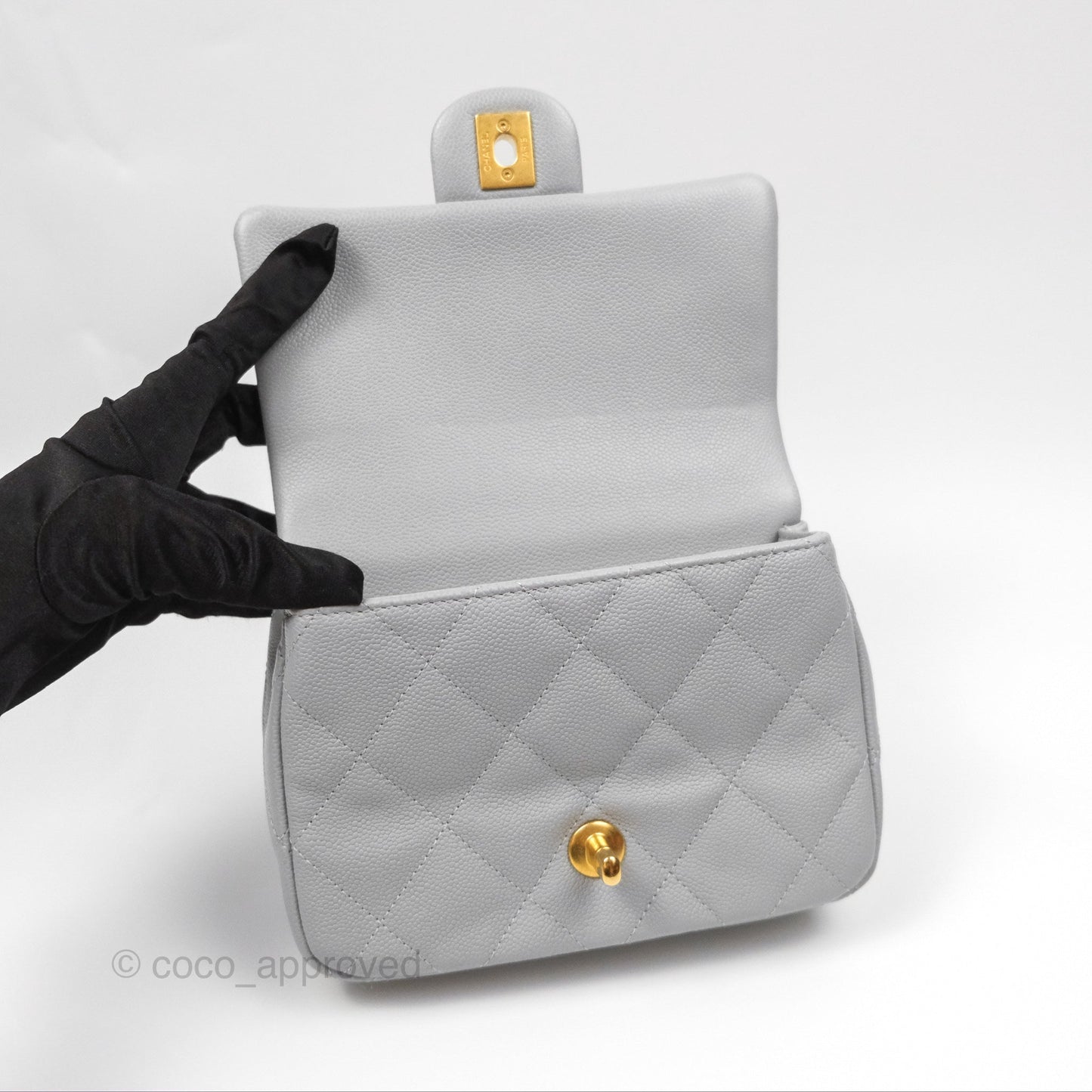 Chanel Mini Flap Bag Heart Adjustable Chain Grey Caviar Aged Gold Hardware 24P