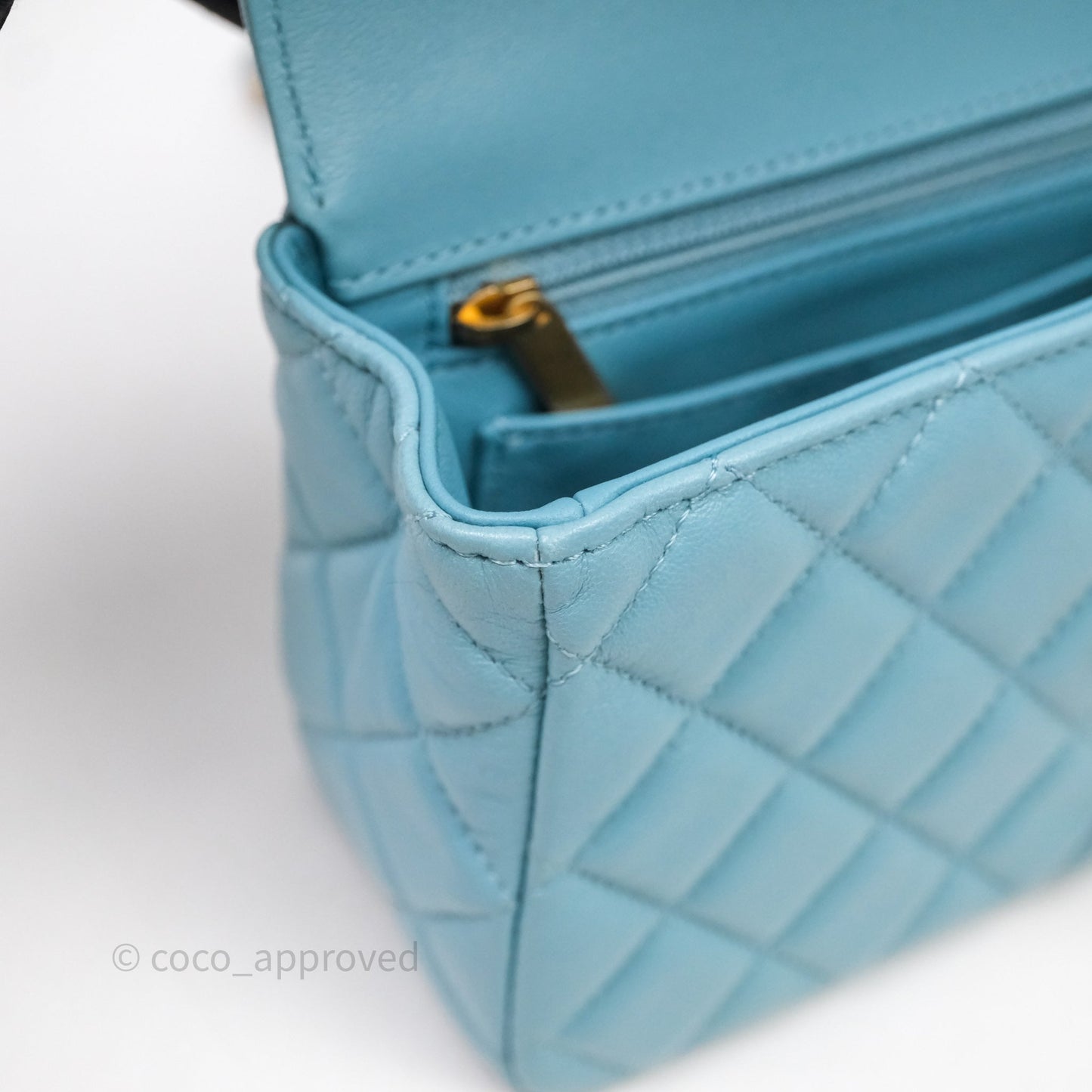 Chanel Flap Bag with Crystal Logo Top Handle Tiffany Blue Lambskin Aged Gold Hardware