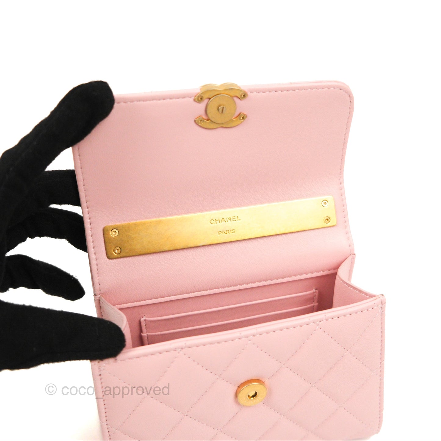 Chanel Enamel Top Handle Clutch with Chain Pink Lambskin Aged Gold Hardware 22B