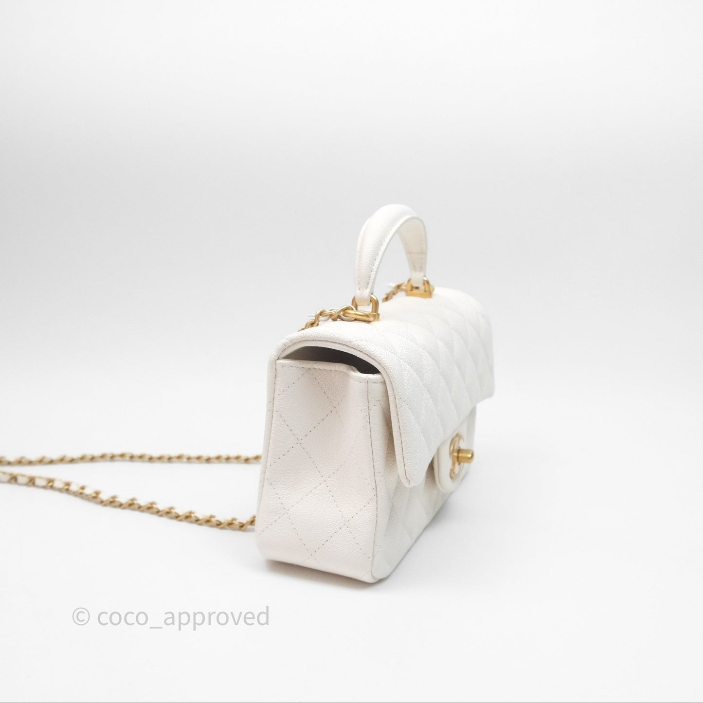 Chanel Top Handle Mini Rectangular Flap Bag Ivory White Caviar Aged Gold Hardware