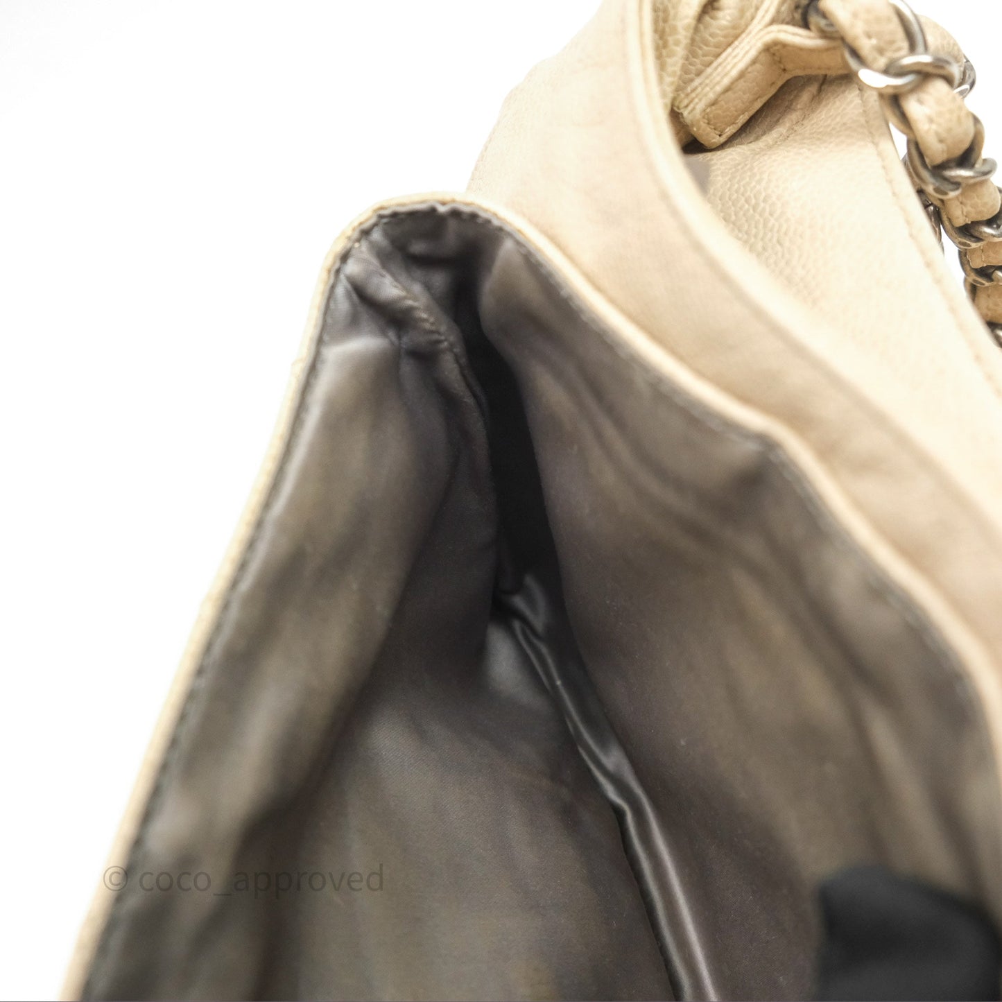 Chanel Quilted Coco Rider Hobo Bag Beige Caviar Ruthenium Hardware