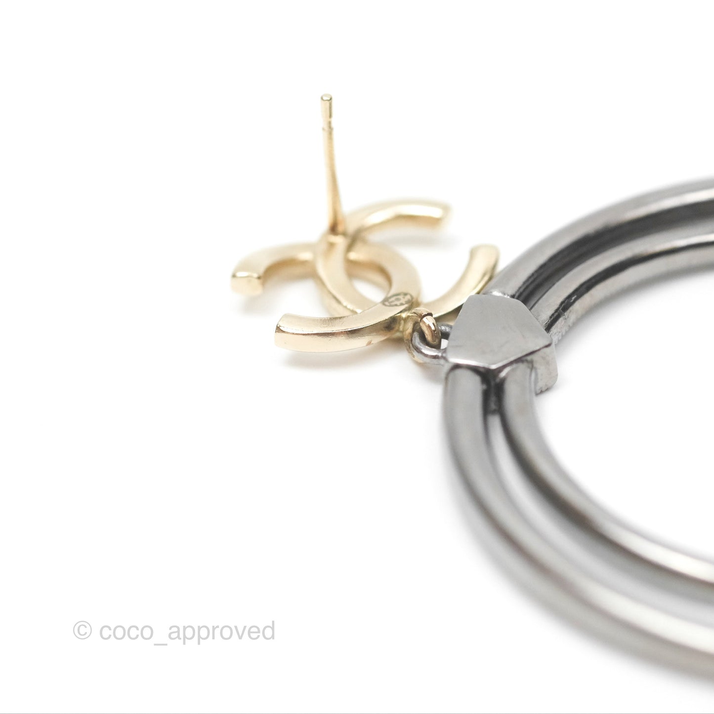 Chanel CC Circles Crystal Drop Earrings Brushed Gold Tone & Gun Metal 20P
