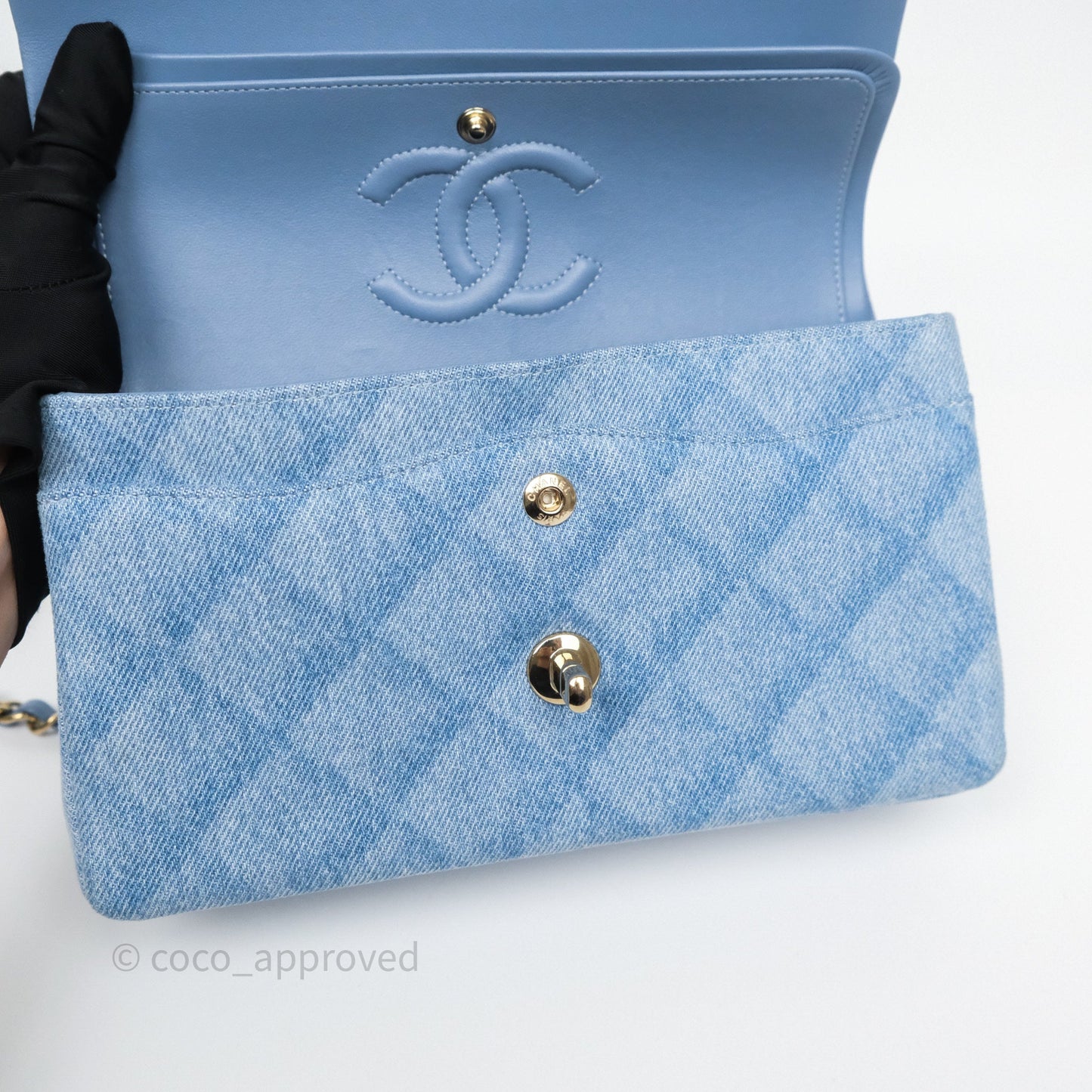 Chanel Small Double Flap Blue Printed Quilted Denim Gold Hardware