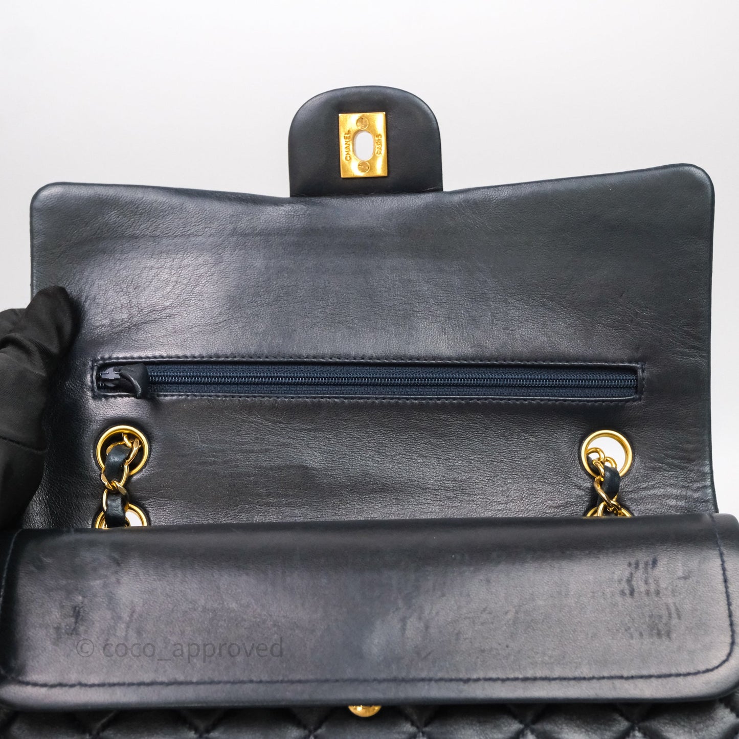 Chanel Vintage M/L Lambskin Medium Double Flap Bag Navy 24K Gold Hardware