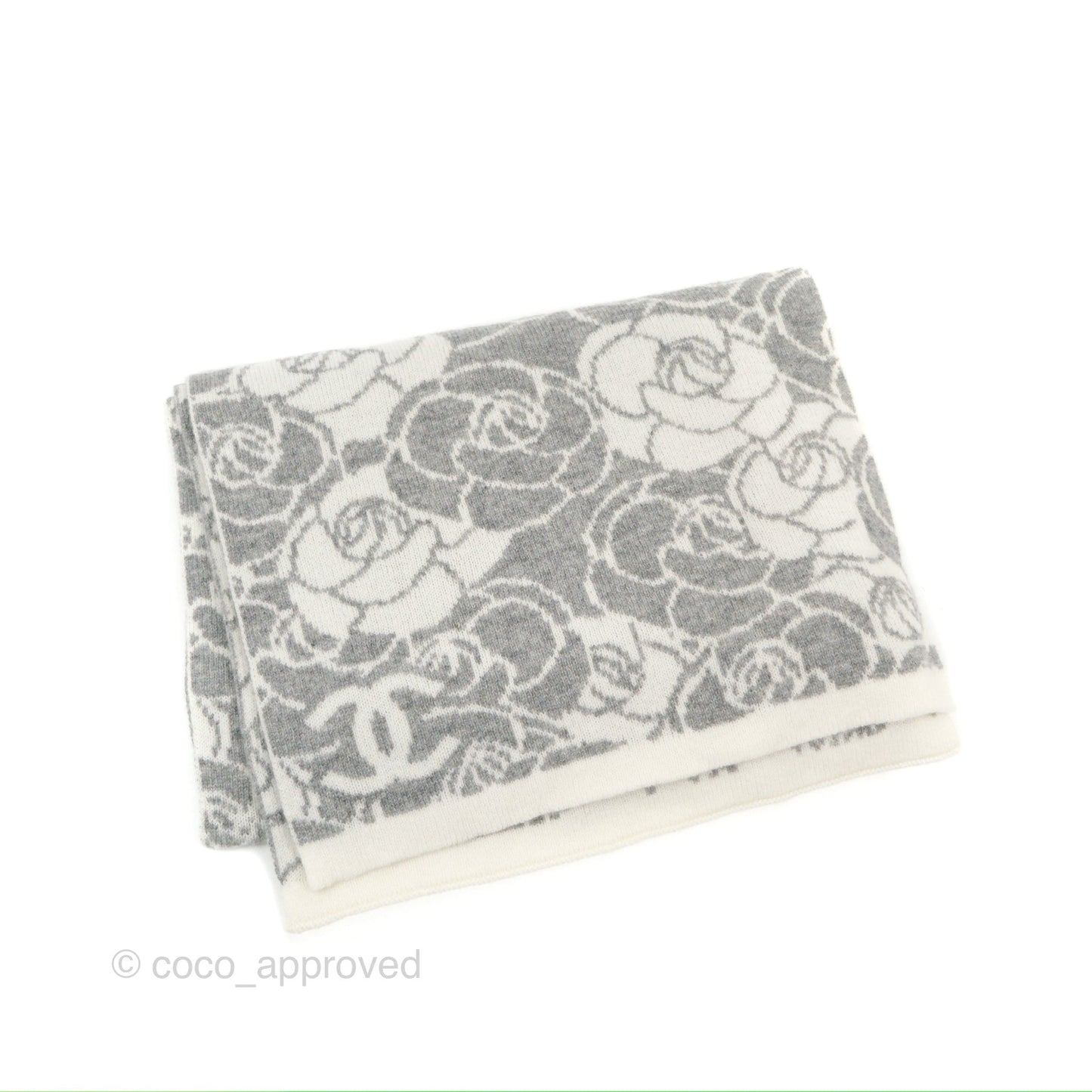 Chanel Camellia Grey/White Cashmere Scarf