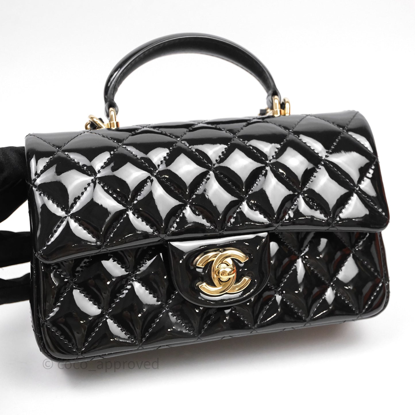 Chanel Top Handle Mini Rectangular Flap Black Patent Gold Hardware